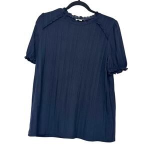 LOFT Blue Textured Blouse Ruffle Trim Puff Sleeve Top Women Medium Classic Sheer